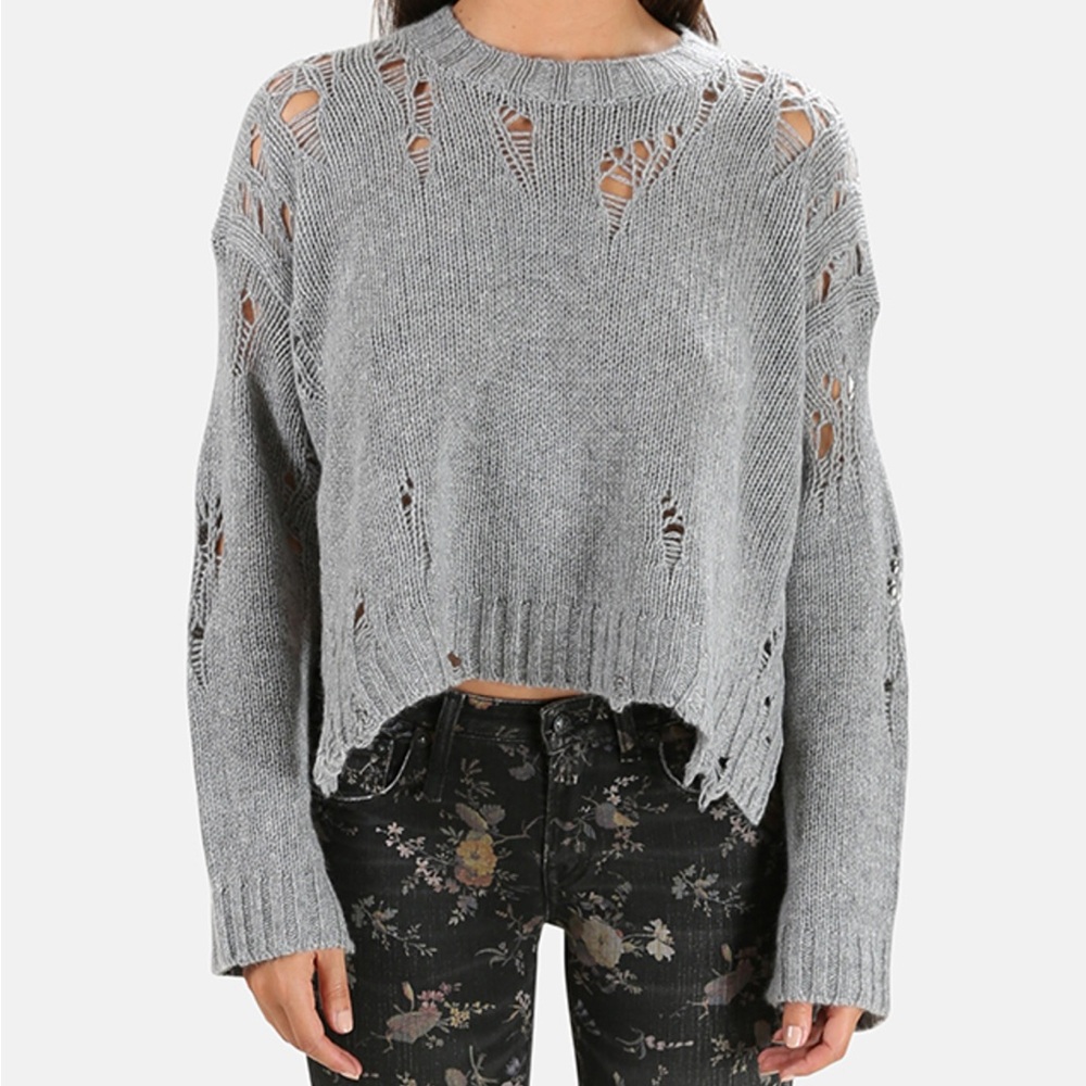 R13 Shredded Side Slit Crewneck Distressed Knit Sweater Size Medium Cashmere